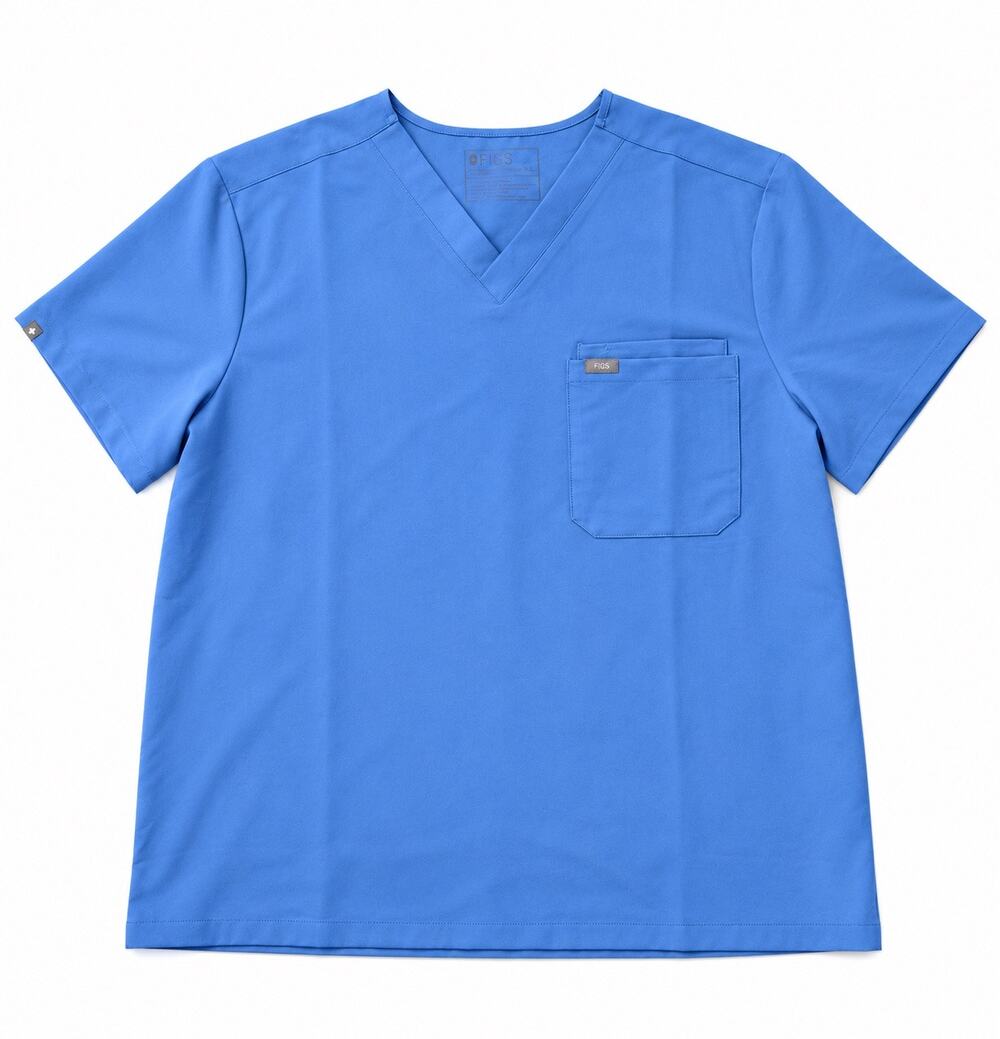 FIGS Leon Scrub Top XL Blue V Neck Short Sleeve Chest Pocket Stretch Nurse Shirt